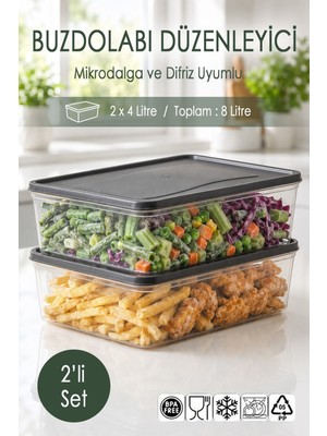 Ezupack 2x4 Lt. Buzdolabı Düzenleyici Buzluk Saklama Kabı Mikrodalga Difrize Uygun Organizer Antrasit