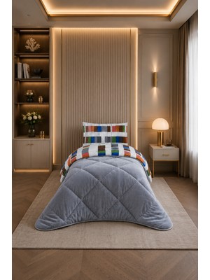 Ely Parker Renkli Desenli Tek Kişilik Yorgan Peluş Çift Taraflı Yastık Kılıflı (Çarşafsız)