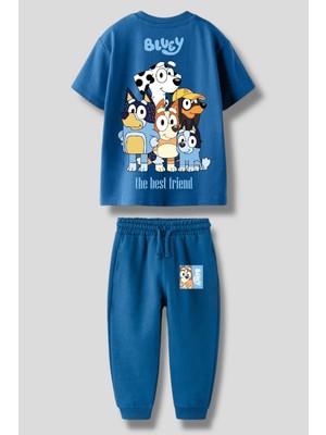 Magu Erkek Çocuk Pamuklu Mavi Karakter Baskılı T-Shirt Jogger Pantolon Takım