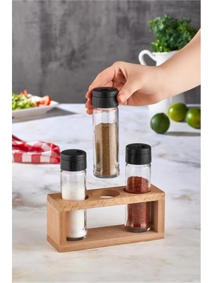 EstoreBox Lima 3lü Baharat Takımı Ahşap Stantlı Baharatlık Siyah Kapak