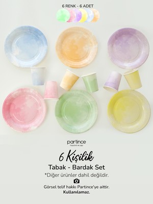Partince 6 Kişilik Karışık Makaron Renkli Kullan At Karton Tabak Bardak Doğum Günü Seti