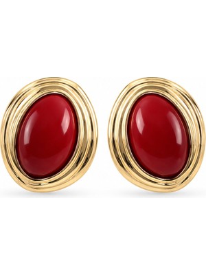 Serelya Pirinç Kırmızı Badem Model Vintage Gold Kadın Küpe