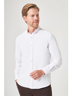 İmza Beyaz Düğmeli Yaka Oxford Slim Fit Pamuklu Gömlek 1004265284