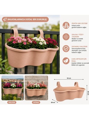 Abnturk Pratik Dayanıklı Şık 10LT Kahverengi Sahra Askılı Saksı 54X28X25CM Balkon Korkuluk Duvar Dekoratif Askılı Sepet