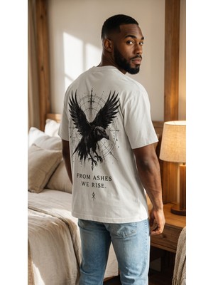 Lumora Store %100 Pamuk From Ashes We Rise Kuzgun Sırt Baskılı Unisex Oversize Tişört Beyaz