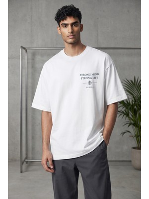 Lumora Store %100 Pamuk Strong Mind Strong Life Baskılı Unisex Oversize Tişört Beyaz
