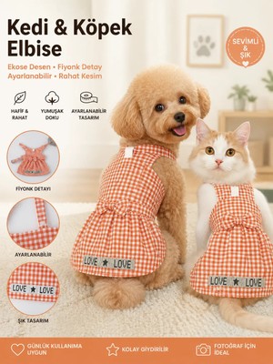 Daisy Kedi ve Köpek Ekose Elbise – Fiyonk Detaylı Ayarlanabilir Evcil Hayvan Kıyafeti Turuncu