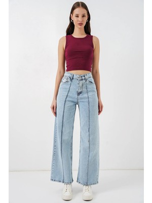 Hiccup Kadınlar Bdart Yüksek Bel Geniş Paça Pamuklu Jean Açık Mavi Denim