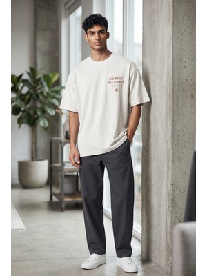 Lumora Store %100 Pamuk No Risk No Story Baskılı Unisex Oversize Tişört Beyaz