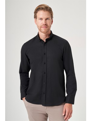İmza Siyah Düğmeli Yaka Oxford Slim Fit Pamuklu Gömlek 1004265284