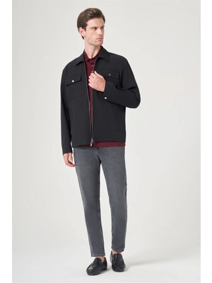 İmza Siyah Berberi Yaka Gabardin Düz Slim Fit Casual Mont 1007260151