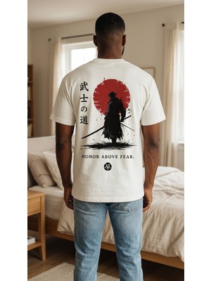 Lumora Store %100 Pamuk Shadow Ronin Samuray Sırt Baskılı Unisex Oversize Tişört Beyaz