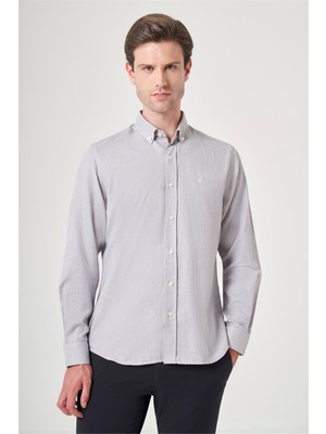 İmza Gri Düğmeli Yaka Oxford Slim Fit Pamuklu Gömlek 1004265124