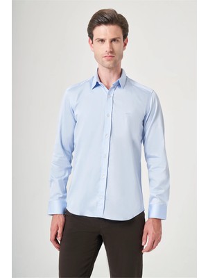 İmza Mavi Sert Yaka Uzun Kol Cepsiz Saten Slim Fit %100 Pamuk Gömlek 1004260424