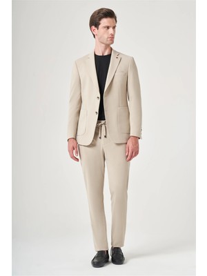 İmza Bej Mono Yaka 6 Drop Slim Fit Beli Lastikli Takım Elbise 1001260194