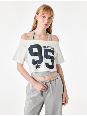 Koton Modal Karışımlı Omzu Açık Katmanlı Kısa Kollu Baskılı Crop Tişört