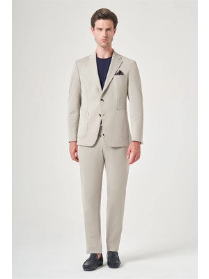 İmza Bej Mono Yaka 6 Drop Slim Fit Esnek Beli Lastikli Takım Elbise 1001260165