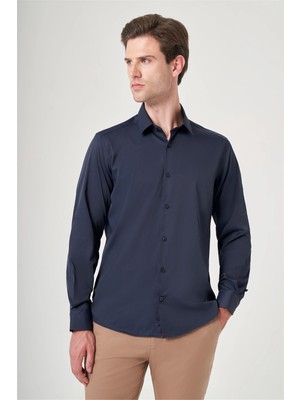 İmza Lacivert Sert Yaka Uzun Kol Cepsiz Slim Fit Esnek Su Itici Gömlek 1004260234