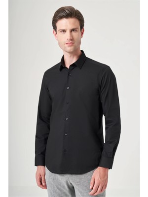 İmza Siyah Sert Yaka Uzun Kol Cepsiz Slim Fit Pamuklu Gömlek 1004260181