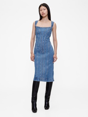 Gap Kadın Açık Mavi Gapstudio Seamed Denim Midi Elbise
