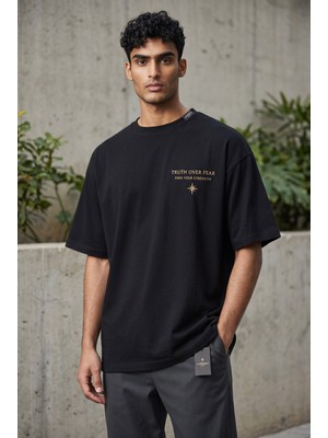 Lumora Store %100 Pamuk Truth Over Fear Baskılı Unisex Oversize Tişört Siyah