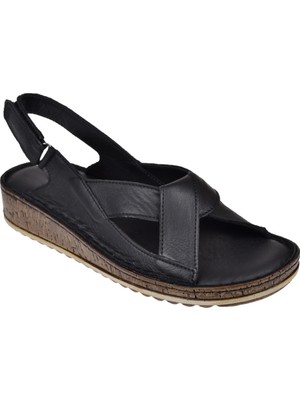 Castle Black Hakiki Deri Comfort Kadın Sandalet CB-22354   Siyah