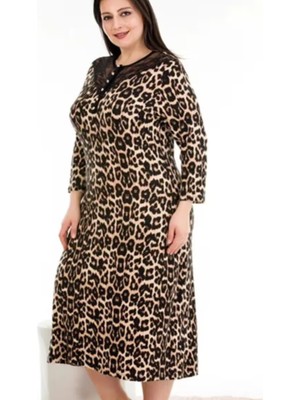 Leopar Desenli Lady 7244 Kadın Yarım Kol Omuzları Dantel Büyük Beden Anne Elbise, Anne Gecel