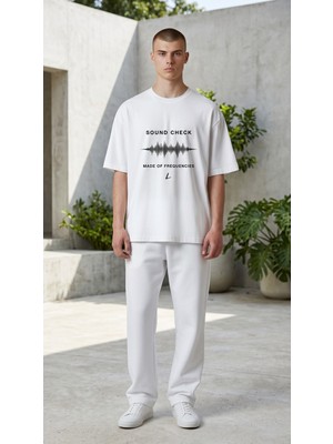 Lumora Store %100 Pamuk Sound Check Baskılı Unisex Oversize Tişört Beyaz