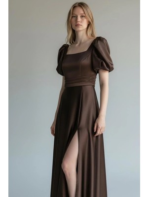 Drape Kare Yaka Karpuz Kol Uzun Saten Elbise 570