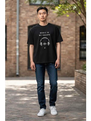 Lumora Store %100 Pamuk Music Is My Escape Kulaklık Baskılı Unisex Oversize Tişört Siyah