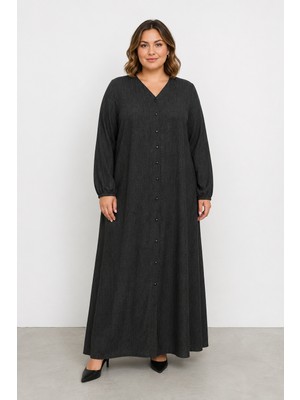 Bihan Store Kadın V Yaka Boydan Düğmeli Dokulu Maxi Elbise 1688-SIYAH