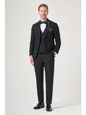İmza Siyah Kırlangıç Yaka Düz Desen 6 Drop Slim Fit Yelekli Damatlık Takım Elbise 1001260206