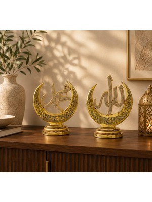 Minawish Altın Sarısı Hilal Model Allah ve Muhammed Lafızlı Taşlı 2'li Dini Biblo Seti