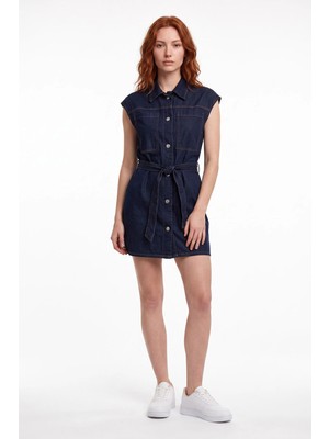 Cemo Kadın Kemerli Denim Mini Gömlek Elbise