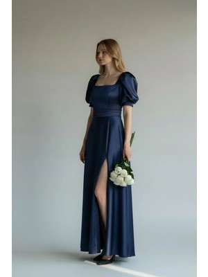 Drape Kare Yaka Karpuz Kol Uzun Saten Elbise 570