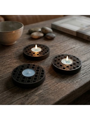 Hedea Dekoratif Ahşap Hazeran Örgü Desenli Tealight Mumluk Siyah 3 Lü