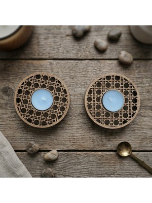 Hedea Dekoratif Ahşap Hazeran Örgü Desenli Ikili Tealight Mumluk Üç Katman