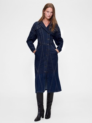 Gap Kadın Lacivert Gapstudio Seamed Denim Midi Gömlek Elbise
