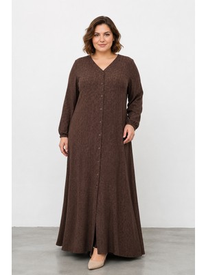 Bihan Store Kadın V Yaka Boydan Düğmeli Dokulu Maxi Elbise 1688-KAHVE