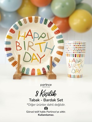 Partince 8 Kişilik Retro Happy Birthday Tema Tabak Bardak Set Kullan At Karton Tabak Bardak Parti Seti