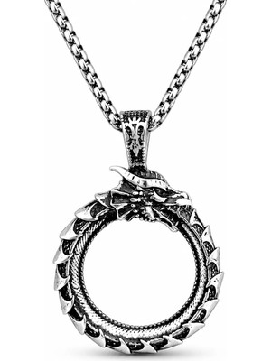 Ak Store Silver Erkek Ouroboros Figürlü K-133 Paslanmaz Kromix Çelik Gümüş Kaplama Yokoluş ve Yeniden Varoluş Sembolü Ejderha Madalyon