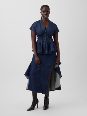 Gap Kadın Koyu Mavi Gap × Hfr Fırfırlı Denim Midi Etek By Igdalyah