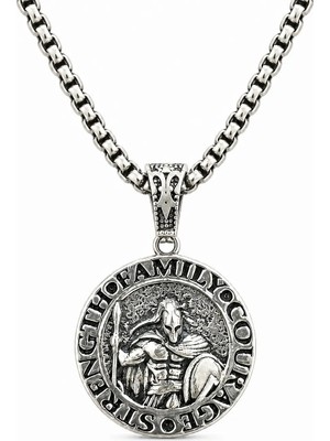 Ak Store Silver Erkek, Cesaret, Güç, Aile (Courage, Strength, Family) Figürlü K-107 Paslanmaz Kromix Çelik Gümüş Kaplama Kolye Madalyon