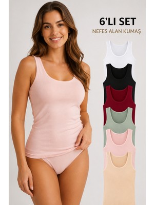 Woan 6'lı Kadın Atlet Seti Premium Comfort Pamuklu Esnek Nefes Alan Günlük Iç Giyim Basic Slim Atlet
