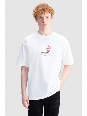 Ecko Unltd. Noen Oversize Baskılı Bisiklet Yaka %100 Pamuk Erkek Beyaz Tişört