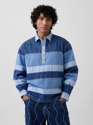 Gap Erkek Mavi Gap × Hfr Çizgili Denim Polo T-Shirt By Daveed Baptiste