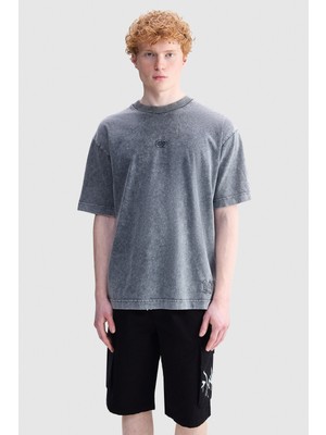 Ecko Unltd. Elan Oversize Bisiklet Yaka Aplike Nakışlı %100 Pamuk Erkek Gri Tişört