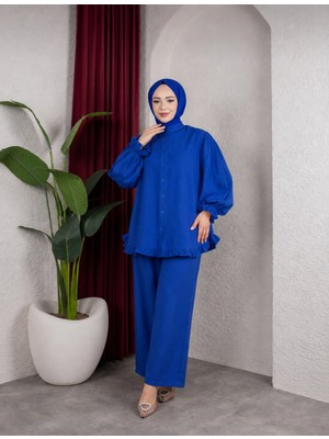 Sfg Life Moda Kadın Çilek Kumaş Dik Yaka Düğmeli Fırfır Detaylı Tesettür Tunik Pantolon Ikili Takım