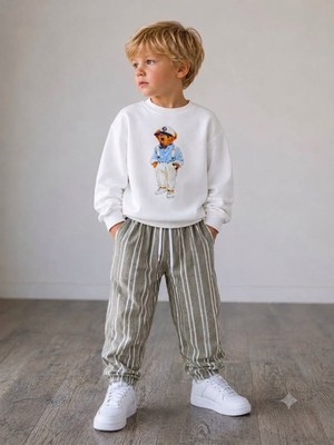 Yiğit Butik Erkek Çocuk Ayıcık Baskılı Sweatshirt Keten Pantolon Alt Üst Takım
