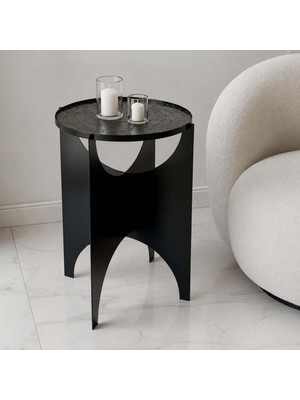Noldecoration Dilimli Çakıl Mozaik ve Siyah Elektrostatik Boyalı Demirden Demonte 38x38x51.5cm Dekoratif Yan Sehpa
